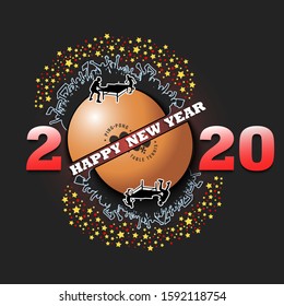 Happy new year 2020 and ping-pong ball with tennis player and fans. Creative design pattern for greeting card, banner, poster, flyer, party invitation. Vector illustration