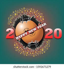 Happy new year 2020 and ping-pong ball with tennis player and fans. Creative design pattern for greeting card, banner, poster, flyer, party invitation. Vector illustration