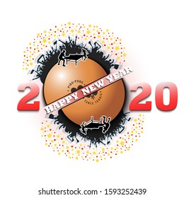 Happy new year 2020 and ping-pong ball with tennis player and fans. Creative design pattern for greeting card, banner, poster, flyer, party invitation. Vector illustration