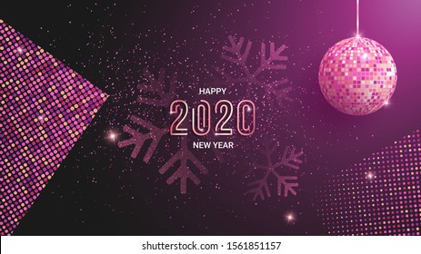 Happy New Year 2020 pink confetti background, vector illustration. Sparkling disco ball, pink purple glitter snowflakes, golden halftone, graphic design elements for New Year party invitations.