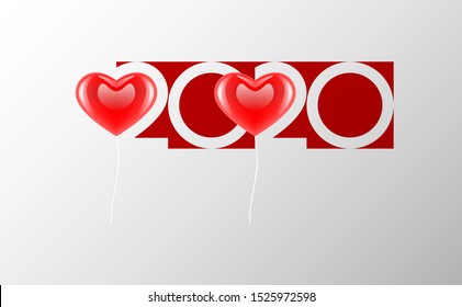 Happy New Year. 2020 with popular icon, glossy red color heart shaped. Vector illustration.