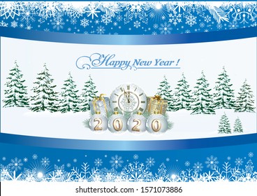 Happy New Year 2020. Postcard with a clock and gifts on snowy winter background decorated pattern of snowflakes. Vector illustration