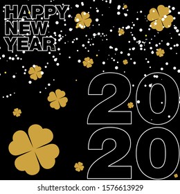 Happy new year 2020. Postcard with seasonal greetings at the turn of the year with dark background and golden clovers.
