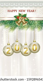 Happy New Year 2020. Postcard with Christmas decoration. Vector illustration