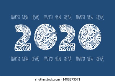 Happy new year 2020.New year poster with figures of the year in a decorative style with floral elements on a blue background.