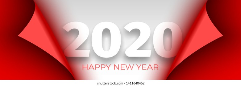 Happy New Year 2020 poster. Red ribbon with curved edges on white background. Sticker. Vector illustration.