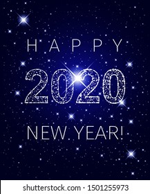 Happy New Year 2020 poster template. The number 2020 of particles against the night sky with particles and shining stars. Holiday vector vertical illustration