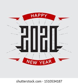 Happy New Year 2020 - poster with stylized inscription and red lightnings. T-shirt apparels cool print with inscription. Vector. Calendar cover.