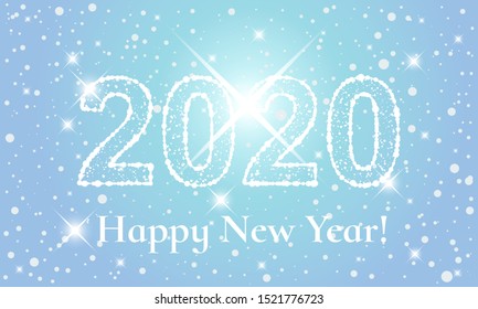 Happy New Year 2020 poster template. The number 2020 of particles on light blue sky with particles and shining stars. Holiday vector horisontal illustration