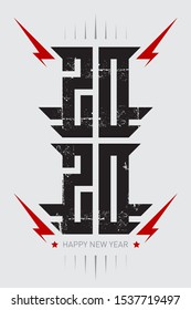 Happy New Year 2020 - poster with stylized inscription, red lightnings and stars. T-shirt apparels cool print with inscription 20 20. Vector illustration.