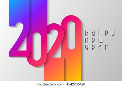 Happy New Year 2020 poster with numbers cut out of colored paper. Winter holidays greeting or invitation. Vector illustration on white background.