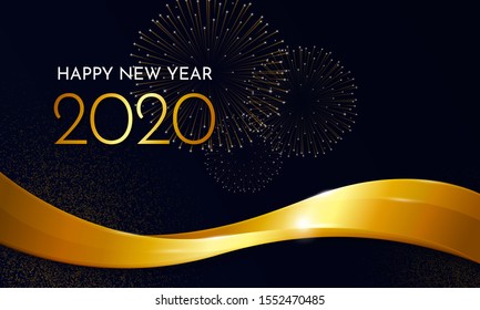 Happy New Year 2020 poster design with gold fireworks vector illustration and abstract golden fluid wave background