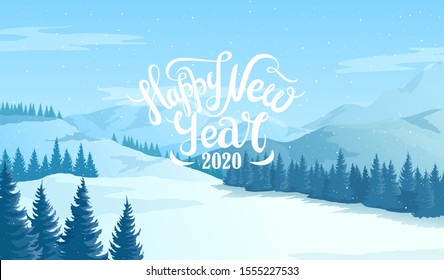 Happy New Year 2020 poster. Winter landscape with snowy mountains and pine trees. Vector illustration with typography on blue Christmas background.