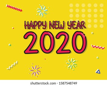 Happy New Year 2020 Poster with cute memphis style design