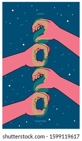 Happy new year 2020 poster of hands comic in style.new year together.vector.illustration.blue background.