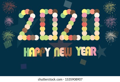 Happy New Year 2020 presented in random colors. Ideal for holiday postcards, banners and giftcards