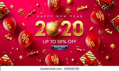 Happy New year 2020 Promotion Poster or banner with red balloons,gift box,golden ribbon and confetti.Promotion or shopping template for Christmas in golden and red style.Vector EPS10