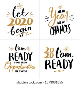 Happy New Year 2020 quote text collection vector design with modern hand lettering calligraphy typography and fireworks illustration