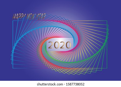 Happy New Year 2020 is in a rainbow square frame overlapping. On a blue background