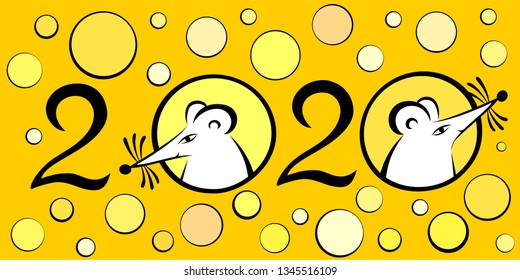 Happy New Year 2020. Year of the rat. Cartoon little mouses and cheese. Chinese new year 2020 card with rat zodiac on yellow background. Zodiac sign for greetings card, invitation, posters, banners