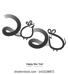 Happy new year 2020 year of the rat zodiac. The animal of the Chinese zodiac. Calligraphy Style Writing. Hand drawn vector illustration.