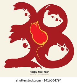 Happy new year 2020 year of the rat zodiac. The animal of the Chinese zodiac. Calligraphy Style Writing. Hand drawn vector illustration.