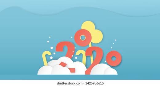 Happy new year 2020, year of the rat. Template design for cover book, banner, invitation, poster, flyer. Vector illustration in paper cut and craft style.
