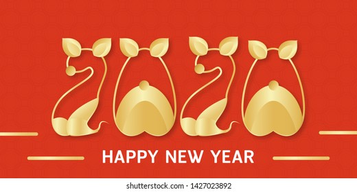 Happy new year 2020, year of the rat. Template design for cover book, banner, invitation, poster, flyer. Vector illustration in paper cut and craft style.