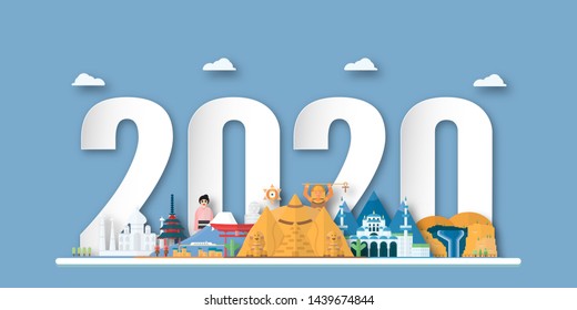 Happy new year 2020, year of the rat. Template design for cover book, banner, invitation, poster, flyer. Vector illustration in paper cut and craft style with famous landmarks of the world.