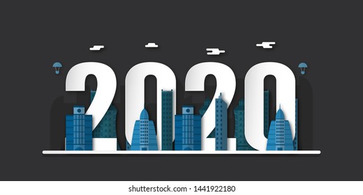 Happy new year 2020, year of the rat. Template design with future urban building for cover book, banner, invitation, poster, flyer. Vector illustration in 3D paper cut and craft style.