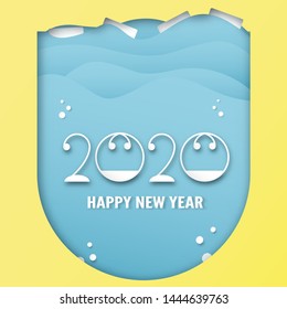 Happy new year 2020, year of the rat. Template design for cover book, banner, invitation, poster, flyer. Vector illustration in paper cut and craft style.