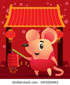 Happy New Year 2020. The year of Rat. Cute rat cartoon character is playing firecracker in Chinatown background. - vector