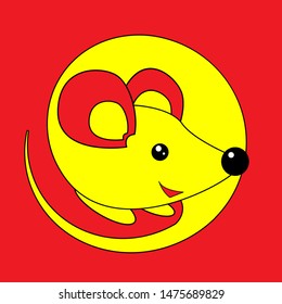 Happy New Year 2020 year of the rat. Yellow mouse on a red background in cartoon flat style. Chinese Zodiac Sign Year of Rat