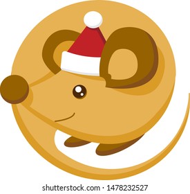 Happy New Year. 2020 year of the rat. Mouse in santa claus hat in cartoon flat style isolated on white background. The rodent around itself is round.