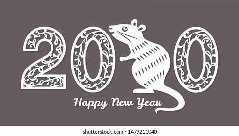 Happy New Year 2020. Rat zodiac sign on the Chinese calendar. Numbers design  for laser cutting, plotter cutting, paper cut or print. Template  with lace patterns.