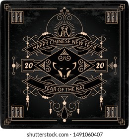 Happy New Year, 2020 the year of the Rat. Vector illustration with a stylized animal and lineart design elements. Chinese new year 20 20 posters with original border. Hieroglyph translation: Rat.