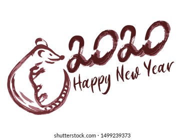 Happy New Year 2020. Year of the Rat. Symbol of the year. Holiday banner. Cover for calendar. Brush calligraphy