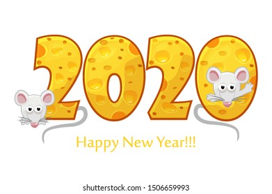 Happy New Year 2020, year of the rat. Textured text 2020 with cheese effect and cartoon rats. Isolated on white background.