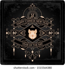Happy New Year, 2020 the year of the Rat. Vector illustration with animal face and lineart design elements. Chinese new year 20 20 posters. Hieroglyph translation: Rat.