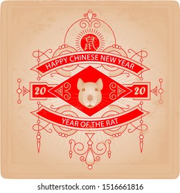 Happy New Year, 2020 the year of the Rat. Animal face and lineart design elements. Chinese new year 20 20 posters. Hieroglyph translation: Rat.