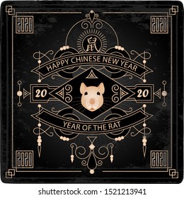 Happy New Year, 2020 the year of the Rat. Vector illustration with a stylized animal and lineart design elements. Chinese new year 20 20 posters with original border. Hieroglyph Translation: Rat.