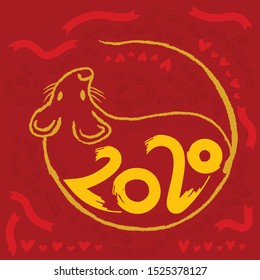 Happy new year 2020 year of the rat zodiac. The animal of the Chinese zodiac. Hand drawn vector illustration on red background.