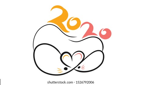 Happy new year 2020 year of the rat zodiac. The animal of the Chinese zodiac. Hand drawn vector illustration for new year and valentine day.