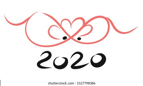Happy new year 2020 year of the rat zodiac. The animal of the Chinese zodiac. Hand drawn vector illustration for new year and valentine day.