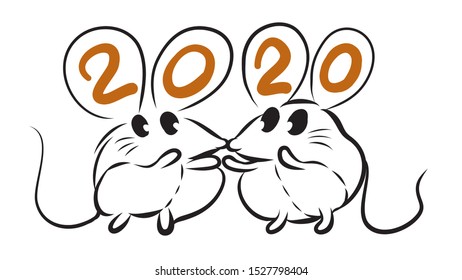 Happy new year 2020 year of the rat zodiac. The animal of the Chinese zodiac. Mouse, mice as a symbol in asian culture. Hand drawn vector illustration.