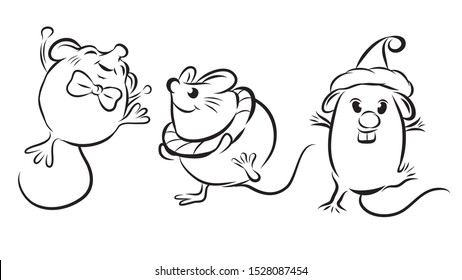 Happy new year 2020 year of the rat zodiac. The animal of the Chinese zodiac. Funny mice. Hand drawn vector illustration.