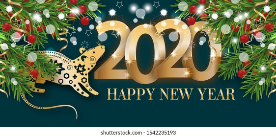 Happy New Year 2020. Year of the rat. Decoration with golden numbers and branches Christmas tree. Vector illustration.