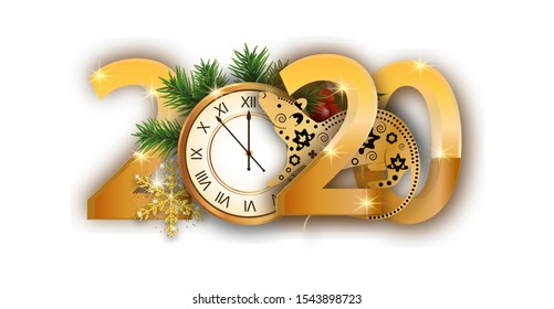 Happy New Year 2020. Year of the rat. Numbers with golden clock, branches Christmas tree isolated on white background. Vector illustration.