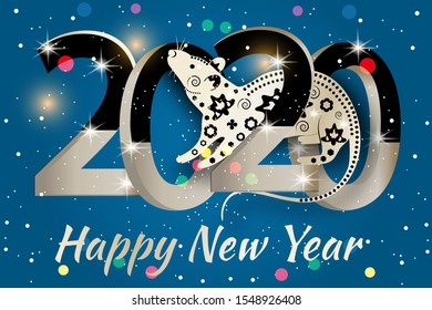 Happy New Year 2020. Year of the rat on blue colorful background. Vector illustration.