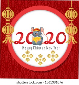 happy New year 2020 the year of the rat. Rat with chinese htraditional hat holding Gold in red background.